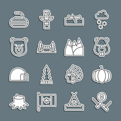 Wall Mural - Set line Curling sport game, Pumpkin, Beaver animal, Kayak canoe, Capilano Suspension Bridge, Bear head, Stone for curling and Mountains icon. Vector