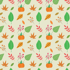 Wall Mural - Vector Thanksgiving seamless pattern with pumpkin, berries, oak, maple and green leaves on light background. Great for autumn and thanksgiving greeting cards, textile and home décor 