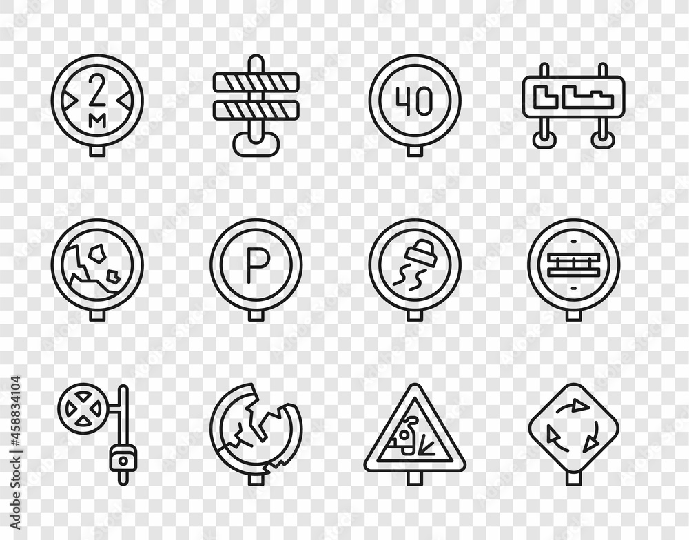 Set line Stop sign with camera, Roundabout traffic, Speed limit, Road, Parking, Warning road and Railroad crossing icon. Vector