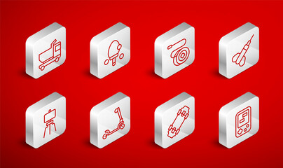 Sticker - Set line Tetris electronic game, Racket, Yoyo toy, Dart arrow, Skateboard, Toy truck, Roller scooter and Wood easel icon. Vector