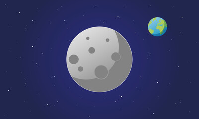 vector illustration of the moon in the space with the earth in the background surrounded by stars - 