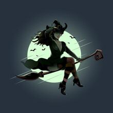 Pretty Witch Rides Broomstick Pin Up Girl Halloween Theme