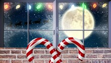 Candy Cane Icon Over Fairy Lights Over Window Frame Against Snow Falling On Winter Landscape