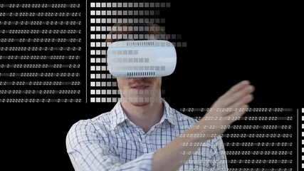 Poster - Animation of data processing over man wearing vr headset on black background