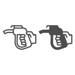 Poster - Fuel pump nozzle in hand, petrol station line and solid icon, oil industry concept, gasoline vector sign on white background, outline style icon for mobile concept and web design. Vector graphics.