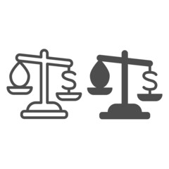 Poster - Drop of oil and dollar on scales, price balance line and solid icon, oil industry concept, cost vector sign on white background, outline style icon for mobile concept and web design. Vector graphics.