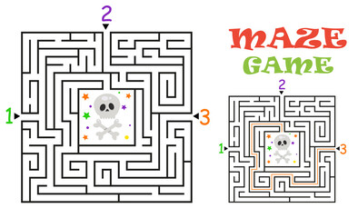 Rectangular halloween maze labyrinth game for kids. Labyrinth logic conundrum. Three entrance and one right way to go. Vector flat illustration