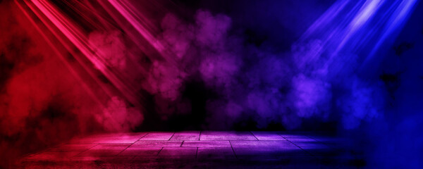 Wall Mural - empty space of studio dark room with fog or mist and lighting effect red and blue on concrete floor 