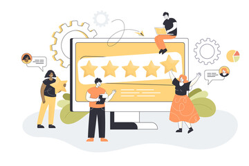Poster - Cartoon people sharing brand insights on social media. Company with good reputation, SEO analytics flat vector illustration. Brand management, marketing concept for banner or landing web page