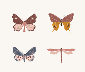 Wall Mural - Boho butterfly collection. Set of insects with celestial elements. Alchemy esoteric symbols. Abstract hand drawn moths. Vector illustration in bohemian style.