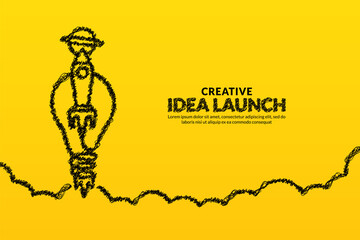 Wall Mural - Creative ideas and innovation with light bulb rocket launching to space background, Start up idea concept