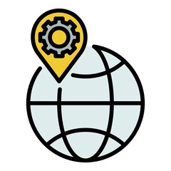 Poster - Globe geo tag gear icon. Outline globe geo tag gear vector icon color flat isolated