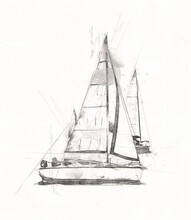 Sailing Yachts Sailing On The Lake, In The Background Developing Clouds, Illustration, Drawing, Sketch, Vintage, Art, Painting, Vintage, Antique, Retro