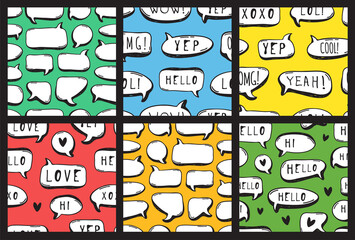 Poster - Hand drawn seamless patterm with speech bubbles with text. Vector pop art objects. Doodle elements for dialog
