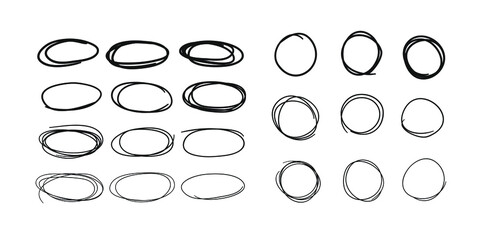 Poster - Hand drawn set of objects for design use. Black Vector doodle circles on white background.  Abstract pencil drawing. Artistic illustration grunge elements