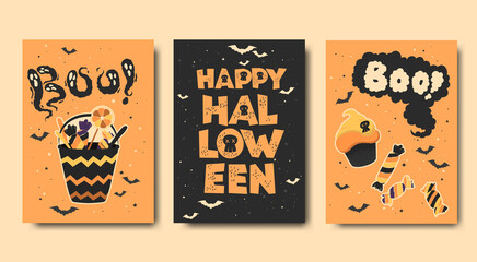 Wall Mural - Happy Halloween vector cards collection with hand drawn cute sweets and letterings isolated on black and orange background. Illustrations templates for invitation, card, print, banner