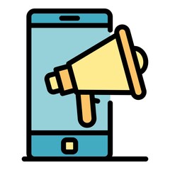 Megaphone and smartphone icon. Outline megaphone and smartphone vector icon color flat isolated