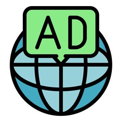 Poster - Globe and advertising icon. Outline globe and advertising vector icon color flat isolated