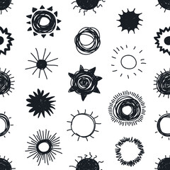 Poster - Hand drawn Illustration Sun. Doodle style seamless pattern. Yellow Solar System Objects