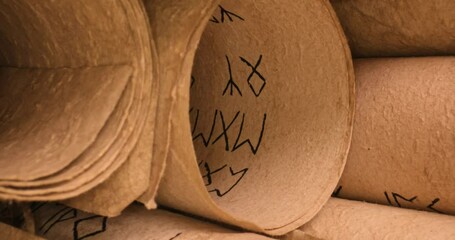 Poster - Old scribe library. Restro futhpak scrolls stacked on a pile.