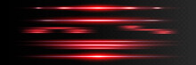 Red Horizontal Lens Flares Pack. Laser Beams, Horizontal Light Rays.Beautiful Light Flares. Glowing Streaks On Dark Background. Luminous Abstract Sparkling Lined Background.