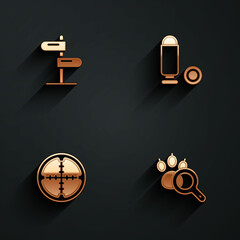 Canvas Print - Set Road traffic sign, Bullet, Sniper optical sight and Paw search icon with long shadow. Vector