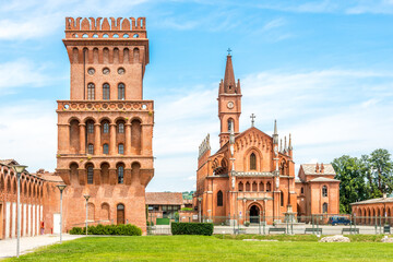 View at the Medieval tower and Church of San Vittore in Pollenzo, Italy