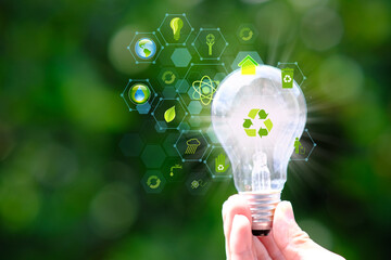 Poster - Energy saving light bulb and save world concept, sustainable development. Ecology concept, Green energy concept energy sources sustainable Ecology Elements, save world concept, World environment day 