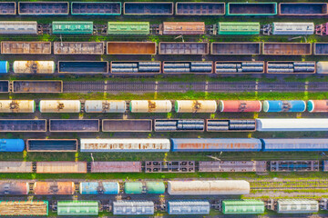 Poster - Aerial view Many freight and cargo trains at station.