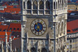 Panoramic skyline view of Old Town downtown Munich Muenchen, Bavaria with landmark Marienplatz, Viktualienmarkt and churches on sunny day with blue sky, famous tourist travel destination in Germany