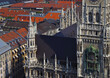 Panoramic skyline view of Old Town downtown Munich Muenchen, Bavaria with landmark Marienplatz, Viktualienmarkt and churches on sunny day with blue sky, famous tourist travel destination in Germany