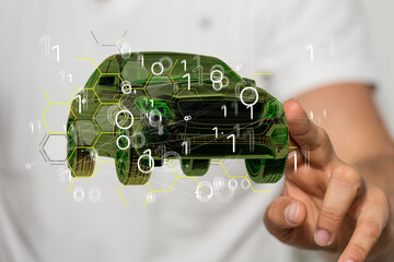Poster - Man holding and touching holographic smart car