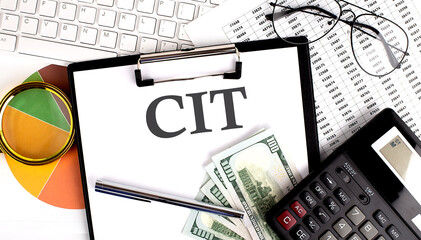 Poster - Text CIT on Office desk table with keyboard,dollars,calculator ,supplies,analysis chart on the white background.