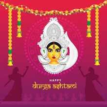 Happy Durga Ashtami Concept With Goddess Durga Face And Silhouette Female Holding Dhunuchi On Red And Purple Background.