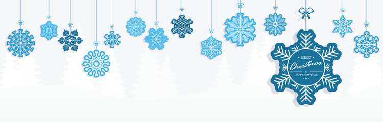 Wall Mural - hanging snow stars banner for christmas greetings time