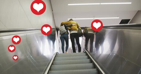 Poster - Animation of heart icons floating over couple embracing on moving stairs