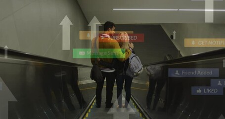 Poster - Animation of social media icons floating over caucasian couple embracing on moving stairs