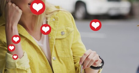 Poster - Animation of heart icons floating over caucasian woman smiling and drinking coffee