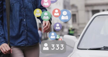 Poster - Animation of social media icons floating over woman wearing face mask