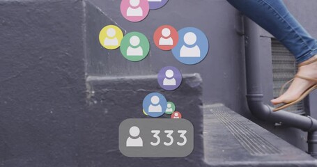 Poster - Animation of social media icons floating over woman walking up stairs