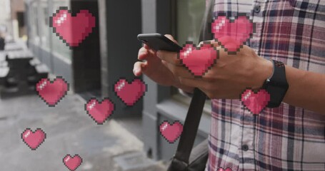 Poster - Animation of heart icons floating over man using smartphone