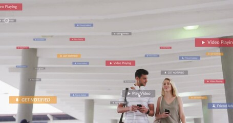 Poster - Animation of social media icons floating over happy caucasian couple walking and using smartphones
