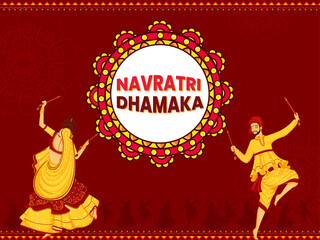Wall Mural - Navratri Dhamaka Poster Design With Indian Couple Doing Garba Dance On Brown Background.