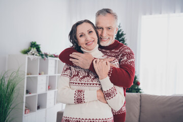 Poster - Photo of optimistic couple aged lady man hug wear sweater at home