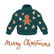 Vector bright green ugly sweater for Christmas party with gingerbread cookie, snowflakes, and fir-trees ornaments. Isolated with hand-drawn lettering with Xmas tacky jumper.