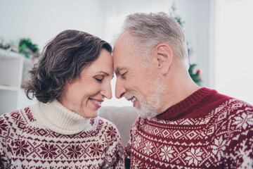 Canvas Print - Profile photo of funny couple old lady man wear warm sweater sit at home