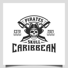 Vintage Hipster Pirates Skull With Crossing Swords And Boat Ship Sailor Emblem Logo Design