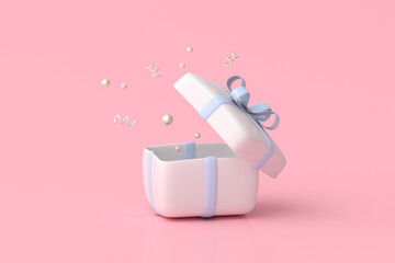 Poster - 3d rendering of white open gift box with blue ribbon on pink background.