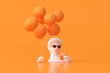 Poster - Illustration of man sculpture with sunglasses is holding balloons and gift box on orange background. 3d rendering.