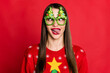 © deagreez - Photo of young funky funny woman wear glasses careless face stick out tongue isolated on red color background